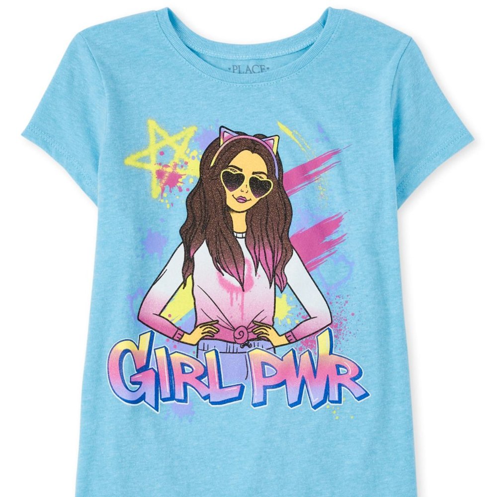 The Childrens Place Girls PWR Graphic Tee-Light Blue Short Sleeve-Medium(7/8)NWT